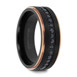 Load image into Gallery viewer, Mens Black Titanium Rose Gold Plated Inside Black Sapphire Settings all around Wedding Ring - Flat Brushed Comfort Fit - 8mm Wide - Style name: ASTRO