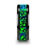 Load image into Gallery viewer, Mens Black Ceramic Emerald Green & Sapphire Blue Color Opal Inlay Wedding Ring - Beveled Comfort Fit - 6mm 8mm Wide - Style name: PULSAR