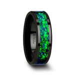 Load image into Gallery viewer, Mens Black Ceramic Emerald Green & Sapphire Blue Color Opal Inlay Wedding Ring - Beveled Comfort Fit - 6mm 8mm Wide - Style name: PULSAR