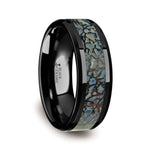 Load image into Gallery viewer, Mens Black Ceramic Dinosaur Bone Inlaid Blue Wedding Ring - Beveled Comfort Fit - 4mm 8mm Wide - Style name: PERMIAN