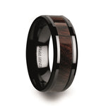 Load image into Gallery viewer, Mens Black Ceramic Bubinga Wood Inlay Wedding Ring - Polished Beveled Comfort Fit - 8mm Wide - Style name: BENNY