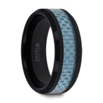 Load image into Gallery viewer, Mens Black Ceramic Blue Carbon Fiber Inlaid Wedding Ring - Beveled Comfort Fit - 8mm Wide - Style name: ATTICUS