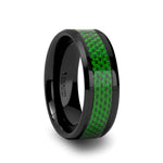 Load image into Gallery viewer, Mens Black Ceramic Emerald Green Carbon Fiber Inlay Wedding Ring - Beveled Comfort Fit - 8mm Wide - Style name: MATLAL