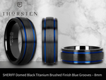 Load image into Gallery viewer, Mens Titanium Blue Grooves Domed Black Wedding Ring - Brushed Comfort Fit - 8mm Wide - Style name: SHERIFF