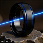 Load image into Gallery viewer, Mens Titanium Blue Grooves Domed Black Wedding Ring - Brushed Comfort Fit - 8mm Wide - Style name: SHERIFF