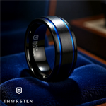 Load image into Gallery viewer, Mens Titanium Blue Grooves Domed Black Wedding Ring - Brushed Comfort Fit - 8mm Wide - Style name: SHERIFF