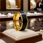 Load image into Gallery viewer, Mens Black Titanium Gold Plated Brushed Center Wedding Ring - Polished Beveled Comfort Fit - 8mm Wide - Style name: BEAUMONT