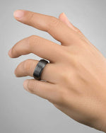 Load image into Gallery viewer, Mens Black Titanium Brushed Raised Center Wedding Ring - Flat Polished Edges Comfort Fit - 8mm Wide - Style name: BABYLON