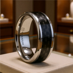 Load image into Gallery viewer, Mens Titanium Black Carbon Fiber Inlay Wedding Ring - Flat Beveled Comfort Fit - 8mm Wide - Style name: COLOSSEUM