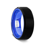 Load image into Gallery viewer, Mens Black Titanium Vibrant Blue Inside Wedding Ring - Brushed Center Comfort Fit - 8mm Wide - Style name: CASTOR
