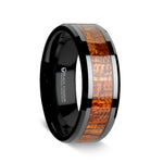 Load image into Gallery viewer, Mens Black Titanium Exotic Mahogany Hard Wood Inlay Wedding Ring - Polished Bevels Comfort Fit - 8mm Wide - Style name: DOMINICA