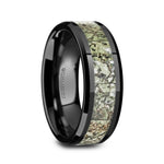Load image into Gallery viewer, Mens Black Ceramic Light Green Dinosaur Bone Inlaid Wedding Ring - Polished Beveled Edge Comfort Fit - 8mm Wide - Style name: DROGON