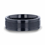 Load image into Gallery viewer, Mens Titanium Raised Horizontal Etch Diagon-Shaped Cuts Centered Wedding Ring - Polished Step Edges Comfort Fit - 8mm Wide - Style name: VIRAGE