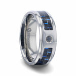 Load image into Gallery viewer, Mens Titanium Black & Blue Carbon Fiber Inlaid Black Sapphire Center Stone Wedding Ring - Beveled Polished Comfort Fit - 8mm Wide - Style name: PACIFIC