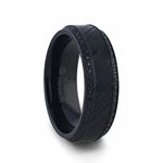 Load image into Gallery viewer, Mens Polished Black Titanium Black Damascus Steel Inlaid Black Sapphire Beveled Edges Wedding Ring - 8mm Wide - Style name: TROPHY
