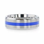 Load image into Gallery viewer, Mens Titanium Blue Stripe Inlaid Beveled Polished Edges Wedding Ring - Flat Brushed Comfort Fit - 8mm Wide - Style name: BARRY