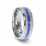 Load image into Gallery viewer, Mens Titanium Blue Stripe Inlaid Beveled Polished Edges Wedding Ring - Flat Brushed Comfort Fit - 8mm Wide - Style name: BARRY