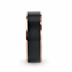 Load image into Gallery viewer, Mens Titanium Rose Gold Plated Flat Brushed Center Black Wedding Ring - Beveled Polished Comfort Fit - 6mm 8mm Wide - Style name: STEPHEN
