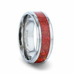 Load image into Gallery viewer, Mens Titanium Red Opal Inlay Wedding Ring - Beveled Comfort Fit - 8mm Wide - Style name: CASSIOPEIA