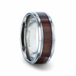 Load image into Gallery viewer, Mens Titanium Red Wood Inlaid Flat Wedding Ring - Polished Beveled Comfort Fit - 8mm Wide - Style name: SEQUIOA