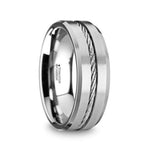 Load image into Gallery viewer, Mens Tungsten Flat Steel Wire Cable Inlay Wedding Ring - Beveled Comfort Fit - 8mm Wide - Style name: LANNISTER