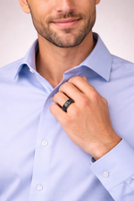Load image into Gallery viewer, Mens Black Ceramic Black & Gray Lava Rock Stone Inlay Wedding Ring - Polished Beveled Comfort Fit - 6mm 8mm Wide - Style name: VESUVIUS