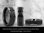 Load image into Gallery viewer, Mens Black Ceramic Black & Gray Lava Rock Stone Inlay Wedding Ring - Polished Beveled Comfort Fit - 6mm 8mm Wide - Style name: VESUVIUS