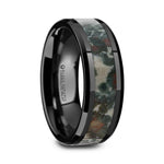 Load image into Gallery viewer, Mens Black Ceramic Coprolite Fossil Inlay Wedding Ring - Beveled Comfort Fit - 8mm Wide - Style name: PROTOCERATOPS