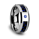 Load image into Gallery viewer, Mens Tungsten Black And Blue Carbon Fiber Blue Sapphire Setting Wedding Ring - Bevelled Comfort Fit - 8mm Wide - Style name: NEPTUNE