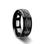 Load image into Gallery viewer, Mens Tungsten Brushed Cross Alternating Diagonal Cuts Pattern Black Wedding Ring - Domed Comfort Fit - 8mm Wide - Style name: ENIGMA