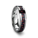 Load image into Gallery viewer, Mens Tungsten Carbide Black & Red Carbon Fiber Inlaid Wedding Ring - Beveled Comfort Fit - 6mm 8mm Wide - Style name: AURELIUS