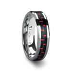 Load image into Gallery viewer, Mens Tungsten Carbide Black & Red Carbon Fiber Inlaid Wedding Ring - Beveled Comfort Fit - 6mm 8mm Wide - Style name: AURELIUS