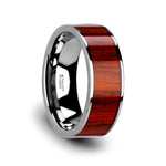 Load image into Gallery viewer, Mens Flat Tungsten Carbide Exotic Padauk Wood Inlay Wedding Ring - Polished Edges Comfort Fit - 8mm Wide - Style name: CLAYMORE