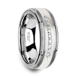 Load image into Gallery viewer, Mens Tungsten Raised Center & Brushed Silver Inlay 9 White Diamonds Wedding Ring - Polished Comfort Fit - 8mm Wide - Style name: HARPER