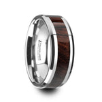 Load image into Gallery viewer, Mens Tungsten Carbide Bubinga Wood Inlaid Wedding Ring - Beveled Comfort Fit - 8mm Wide - Style name: KEVAZ