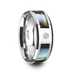 Load image into Gallery viewer, Mens Tungsten Carbide Mother of Pearl Inlay White Diamond Wedding Ring - Beveled Comfort Fit - 8mm Wide - Style name: HONOLULU