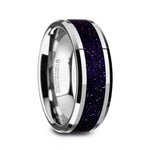 Load image into Gallery viewer, Mens Beveled Tungsten Purple Goldstone Inlay Wedding Ring - Polished Finish Comfort Fit - 8mm Wide - Style name: MAKI