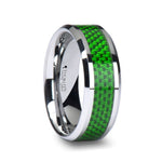 Load image into Gallery viewer, Mens Tungsten Carbide Emerald Green Carbon Fiber Inlay Wedding Ring - Flat Comfort Fit - 8mm Wide - Style name: VERMONT