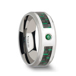 Load image into Gallery viewer, Mens Tungsten Carbide Green Emerald Black & Green Carbon Fiber Wedding Ring - Polished Comfort Fit - 8mm Wide - Style name: ASPEN