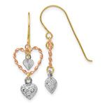 Load image into Gallery viewer, 14K Tri-Color Gold Diamond Cut Heart Dangle Earrings
