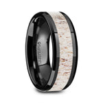 Load image into Gallery viewer, Mens Comfort Fit -Black Ceramic Beveled Wedding Band - Off White Antler Inlay - 8mm Wide - Style name: STAG
