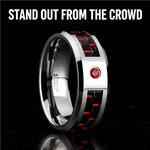 Load image into Gallery viewer, Comfort Fit Tungsten Carbide - Mens Wedding Band Ring - Black and Red Carbon Fiber Inlay - Bezel Set Lab Created Red Ruby - Beveled Edges - Style name: ADRIAN - 8mm wide