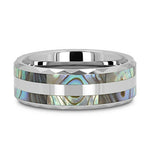 Load image into Gallery viewer, Mens Double Abalone Shell Inlay Faceted Tungsten Beveled Polished Edges Wedding Ring - 8mm Wide - Style name: PAUA