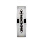 Load image into Gallery viewer, Mens Comfort Fit Flat Tungsten Wedding Band - Brushed Silver Inlay Center - 9 Channel Set Black Diamonds - 8mm Wide - Style name: BLACKSTONE - Lifetime Warranty