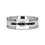 Load image into Gallery viewer, Mens Comfort Fit Flat Tungsten Wedding Band - Brushed Silver Inlay Center - 9 Channel Set Black Diamonds - 8mm Wide - Style name: BLACKSTONE - Lifetime Warranty