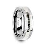 Load image into Gallery viewer, Mens Comfort Fit Flat Tungsten Wedding Band - Brushed Silver Inlay Center - 9 Channel Set Black Diamonds - 8mm Wide - Style name: BLACKSTONE - Lifetime Warranty