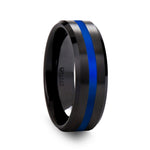 Load image into Gallery viewer, Mens Comfort Fit -Beveled Black Ceramic Brushed Finish Wedding Band - Polished Blue Stripe - 8mm wide - Style name: DECLAN