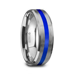 Load image into Gallery viewer, Mens Comfort Fit -Beveled Edges White Tungsten Brushed Finish Wedding Ring - Blue Stripe- 8mm Wide - Style name: LAWSON