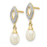 Load image into Gallery viewer, 14K Diamond and 7x5mm Egg Freshwater Cultured Pearl Post Dangle Earrings