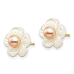 Load image into Gallery viewer, 14K Yellow Gold 3-4mm Pink Freshwater Cultured Pearl 10mm Mother of Pearl Flower Post Stud Earrings